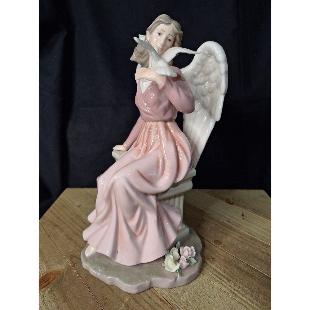 Vintage Member's Mark Porcelain Angel Figurine with Dove Pink Dress Wings Statue